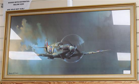 Barrie Clark, colour print, Spitfire, 50 x 100cm and two prints of battle scenes